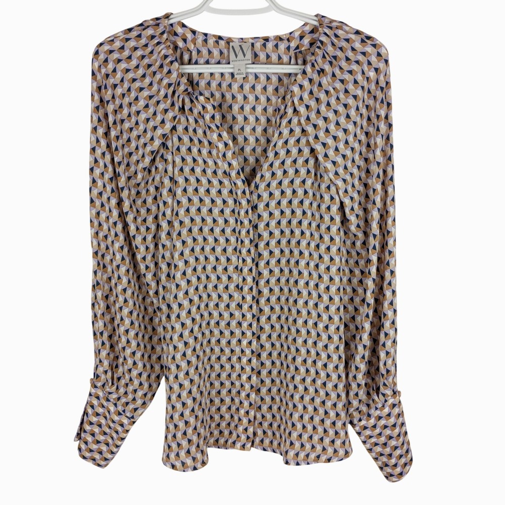Worthington Geometric Triangle Print V-Neck Blouse Tan Purple Petite Large PL
